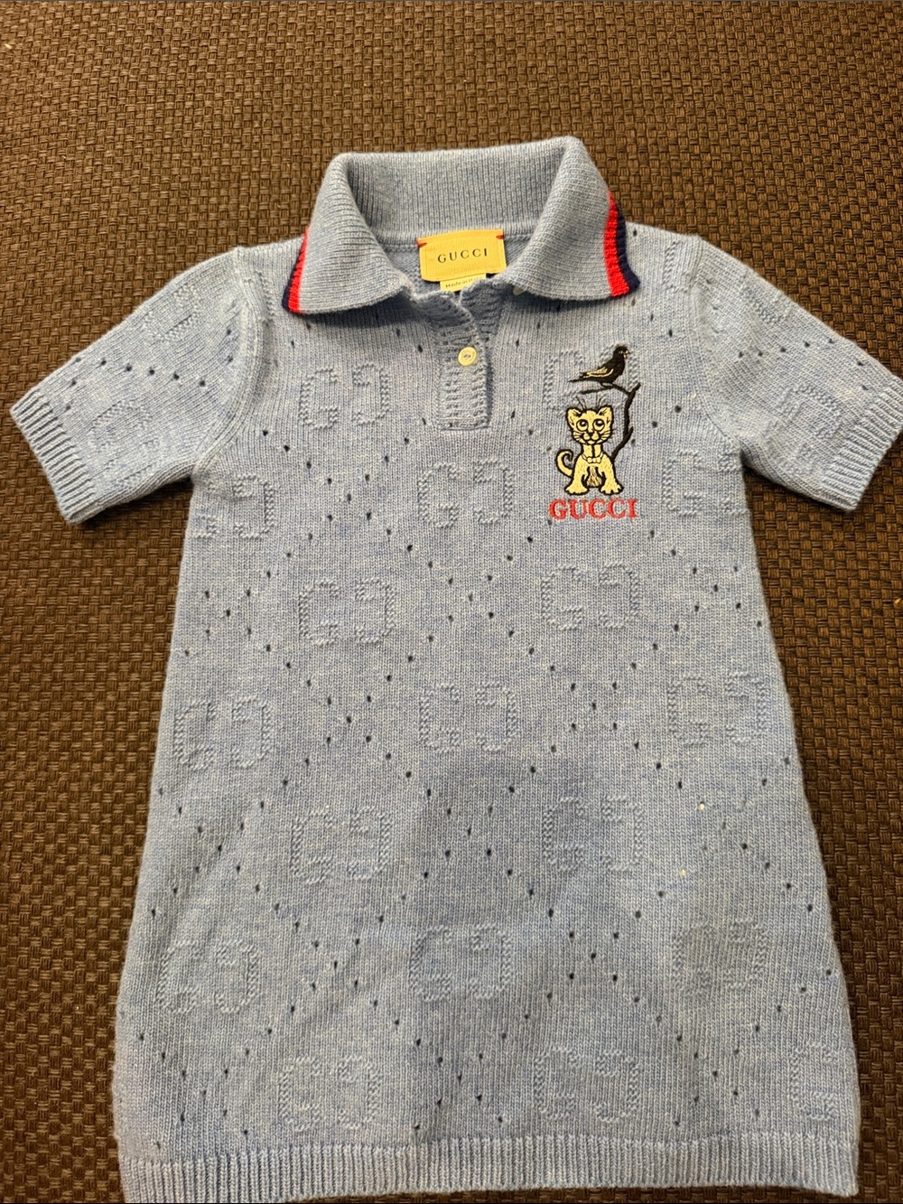 Gucci Light Blue Kids Knit Polo Dress with Embroidered Cat NEW